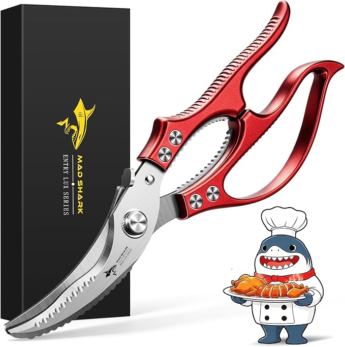 MAD SHARK Heavy Duty Poultry Shears,Spring Loaded Butterfly Meat Scissors | Non-Slip Handle Kitchen Shears, Safety Lock, All Purpose Kitchen Scissors for Chicken, Meat Cutting, Turkey, Fish, Vegetables