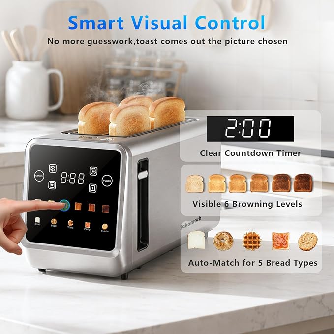 SAKAMOSH 4 Slice Long Slot Touch Screen Toaster, Stainless Steel | Wide Slots Fit Thick Bread & Bagels, 6 Browning Levels, Defrost & Reheat, Removable Crumb Tray, Great for Family Breakfast