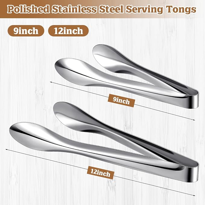 2 Pack Polished Stainless Steel Serving Tongs 9 and 12 Inch Metal Food Silver Tong for Buffet Salad BBQ Grilling Heavy Duty Kitchen Utensils for Cooking Catering Wedding Party