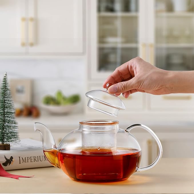CnGlass 33.8oz Glass Teapot with Removable Infuser,Stovetop Safe Tea Kettle with Glass Tea Warmer 5.3 in/13.5cm Diameter
