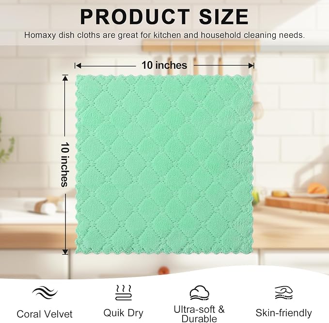 Homaxy 12 Pack Super Soft & Absorbent Dish Cloths, 10" x 10", Green | Coral Velvet, Nonstick Oil Fast Drying Microfiber Cleaning Cloth, No Lint Household Dishcloths