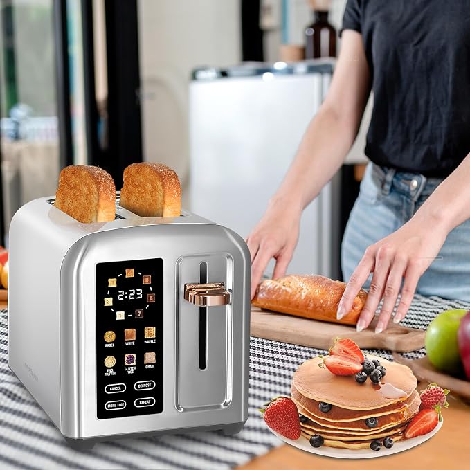 SEEDEEM 2 Slice Stainless Steel Toaster, Touch LCD, 7 Shade, 1350W | 6 Bread Type, 7 Shade Setting, 1.5''Wide Slots, Removable Crumb Tray