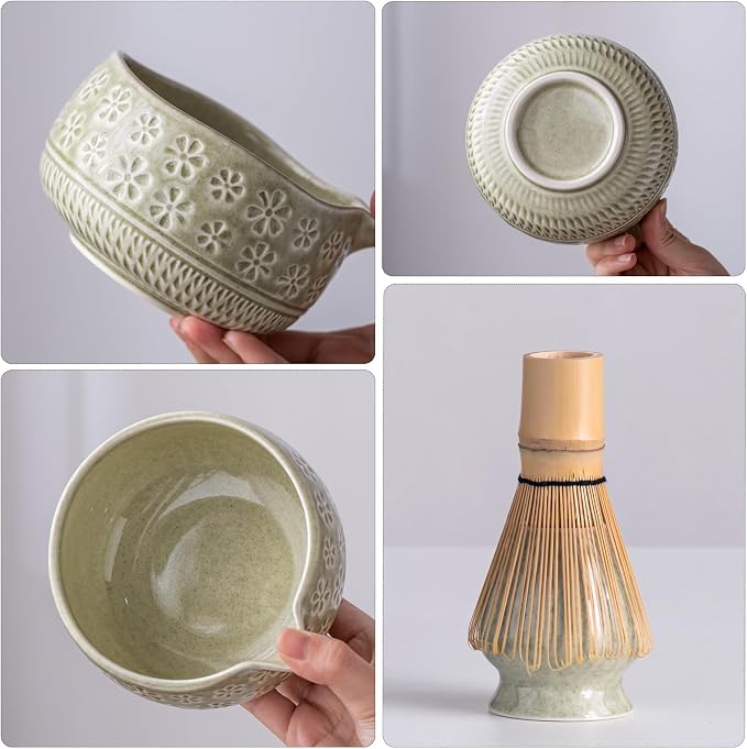 Buucup Matcha Whisk Set, Ceramic Matcha Kit Set with Bowl & Tools, Green | 7-piece set includes ceramic bowl, bamboo whisk, scoop, holder, rest, sifter and tea towel for authentic matcha preparation.