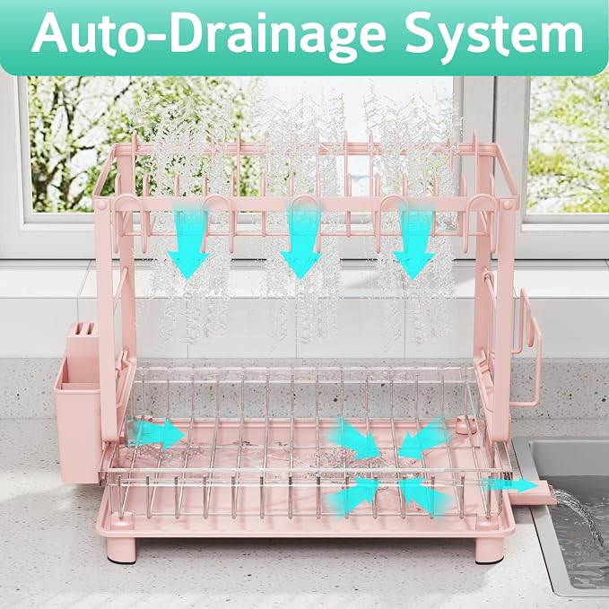 2-Tier Dish Drying Rack for Kitchen Counter, Space-Saving, Pink | Rustproof Carbon Steel, Auto Drain Spout, Space-Saving Dish Rack with Drainboard, Utensil & Cup Holders, Countertop Organizer