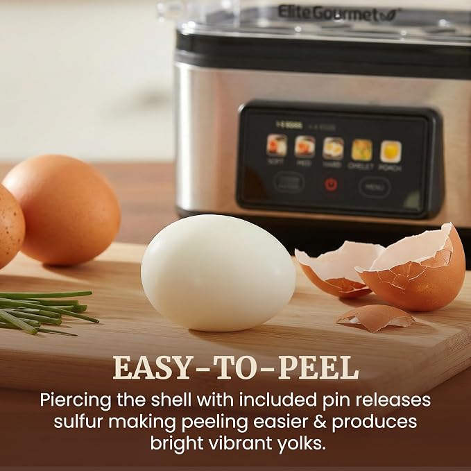 Elite Gourmet Digital Egg Cooker, 6-Egg, Steel Heating Plate & Housing | One-touch graphic display cooks soft, medium, or hard-boiled eggs plus poached eggs and omelets - auto shut-off feature