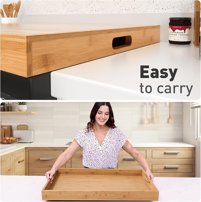 Buruis Bamboo Stove Cover for 28.82 x 20.83 Inch Gas & Electric Stoves | Noodle Board Design with Juice Groove, Extra Counter Space, Built-In Handles, Multi-Purpose Kitchen Serving Board