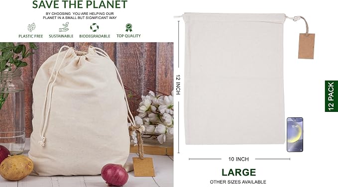 Marubhumi Cotton Storage Bags with Drawstrings Large 10x12 Inch - 12 Pcs Reusable Muslin Bulk Flour Sack Bag,Cotton Fabric Bread Bags Bulk Food Produce Natural Storage Bag