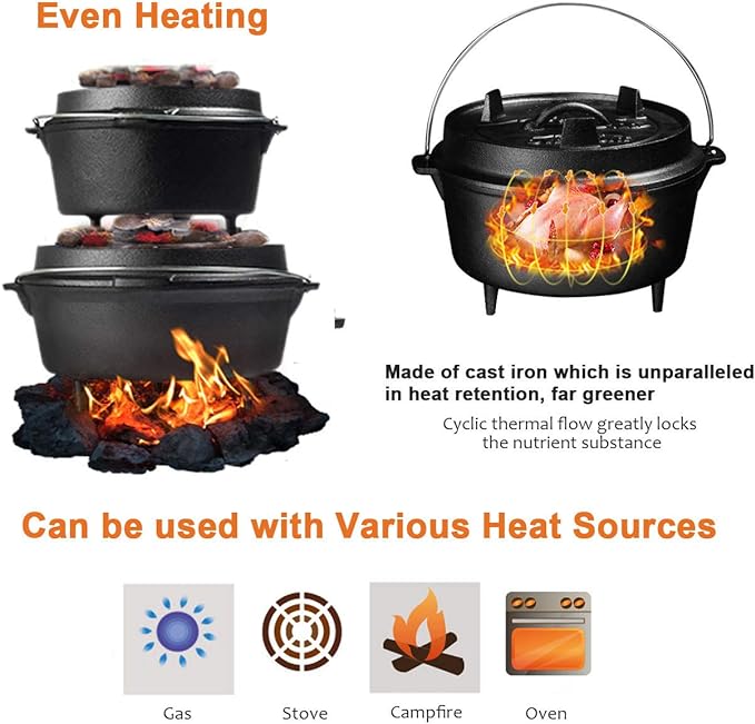 Overmont 6QT Cast Iron Dutch Oven - Pre-Seasoned Pot with Lid Lifter & Legs | Camping Dutch Oven with Cookbook, Cast Iron Pot with Skillet Lid Dual Handles, for Outdoor Campfire Cooking BBQ Grill Stove
