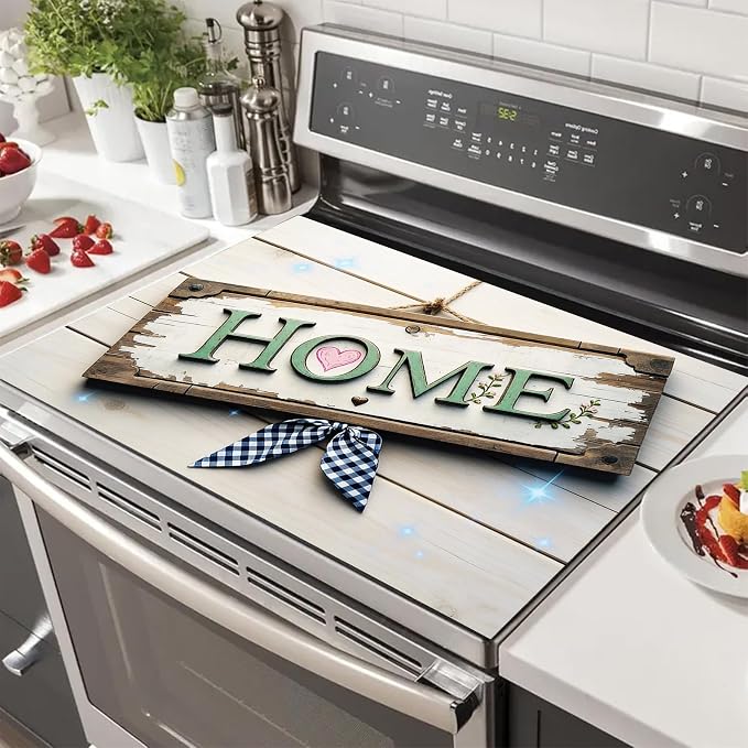 HOMETITUTE Spring Stove Top Covers for Electric Stove 28x20 Inches Rustic HOME Sign Heat Resistant Glass Cooktop Protector Pad Decorative Stovetop Cover for Kitchen Coffee Bar Decor