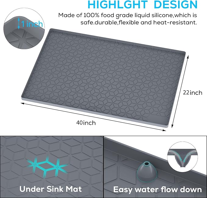 Under Sink Mat for Kitchen, Silicone Waterproof Liner, Flexible Organizer Tray with Drain Hole, 3.5 Gallons Capacity, Easy to Clean