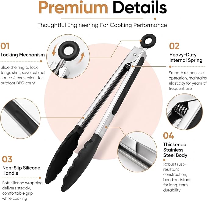 Kitchen Tongs for Cooking, Set of 4 with Oil Brush (7" 9" 12"), Heat Resistant 572°F Stainless Steel, Heavy Duty Metal Locking Tongs with Silicone Tips, Black, BBQ Grilling Dishwasher Safe