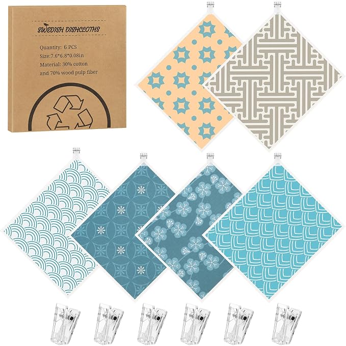 6 Pack Swedish Dishcloths for Kitchen, Geometric Pattern Swedish Rags | Dish Towels with Clips, Reusable Paper Towels Washable Absorbent for Home Housewarming Cleaning Gifts for Hostess