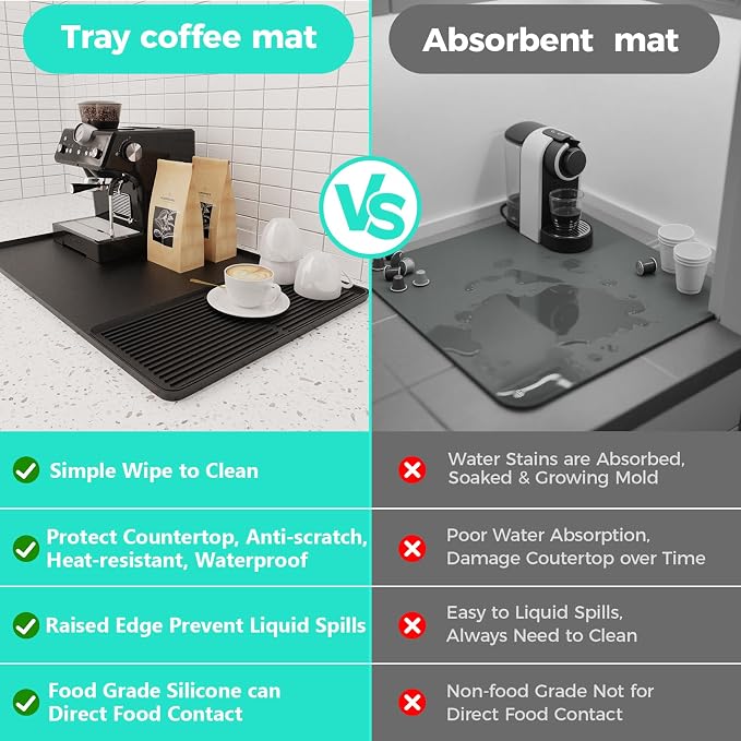 2-in-1 Coffee Mat & Dish Drying Mat Coffee Bar Mats for Countertop [Clean & Organized] Coffee Matt for Counter Silicone Coffee Tray Espresso Mat Coffee Station Mat Espresso Coffee Maker Machine Mat