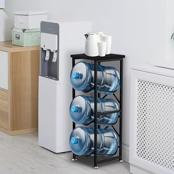 5 Gallon Water Jug Holder, 3-Tier Water Bottle Holder with Wood Top Shelf, Heavy Duty Water Cooler Jug Rack, Storage Stand for Office and Living Room, Black