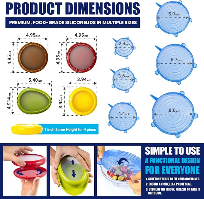 2-in-1 Produce Saver Containers with Silicone Stretch Lids (4 Containers + 6 Lids) – Avocado, Onion, Lemon, Tomato Keeper, Anti-Oxidation Food Storage, Airtight Leakproof Lids for Fridge Organizer