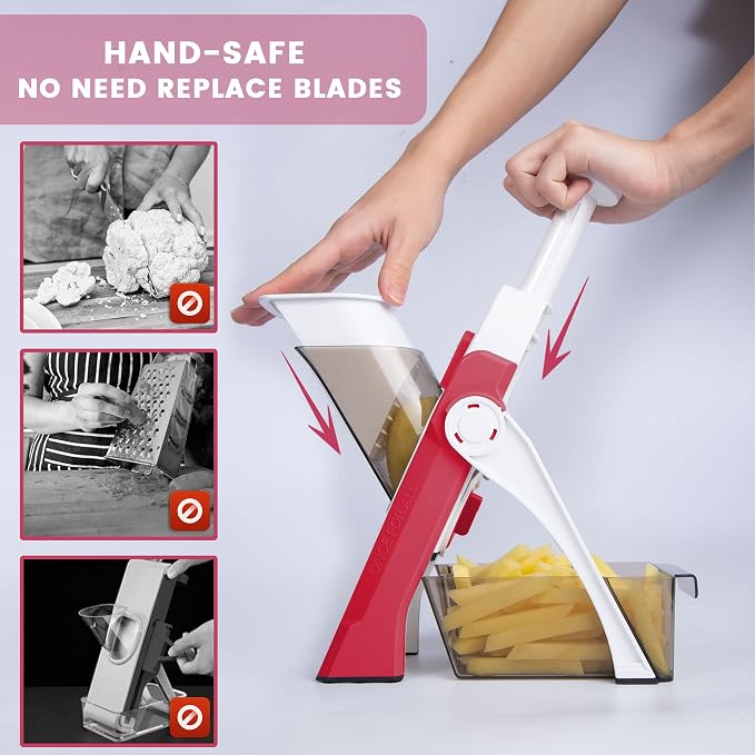 SupMaKin Safe Mandoline Slicer for Kitchen, Vegetable Food Potato Chip Slicer Maual Adjustable Thickness, Chopping Artifact Fast Veggie Salad Chopper Cook Meal Prep | 4 Modes Slice, Strips,Julienne Dicer,Vegetables Slicer Fry Food Cutter,Stainless Stee...