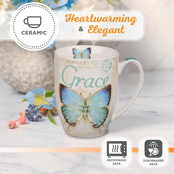 Christian Art Gifts Botanic Blue Butterfly Ceramic Coffee Mug – Inspirational Coffee Cup for Women & Men 12 oz. Lead-free Microwave and Dishwasher Safe Coffee Mug with Bible Verse: Grace - Eph. 2:8
