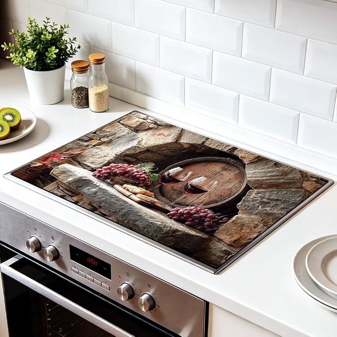 Wine Barrel Stove Top Cover, Tuscan Vineyard, 28x20 in | Stone wine cellar with oak barrel, red wine glasses and grapes; flat-printed non-slip mat; protects glass cooktops; 28x20 in
