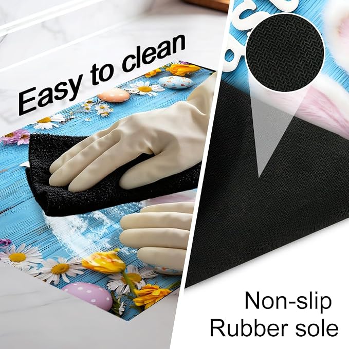 Happy Easter Bunny Ears Blue Wood Stove Top Cover for Electric Stove, Glass Cooktop Protector Mat with Anti-Slip Rubber Base, Scratch-Resistant, Expands Counter Space, Holiday Decor
