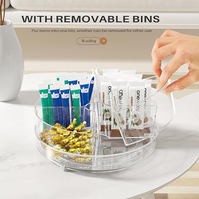 2 Pack Lazy Susan Organizer, 9 inch Rotating Storage Organizer with Bins | Degree Rotating Clear Turntable with 4 Removable Bins, Lazy Susan Turntable Organizer for Fridge, Kitchen, Vanity, Cabinet