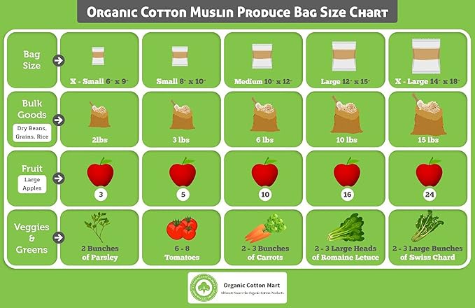 Reusable Cloth Produce Bags - Organic Cotton Cloth Vegetable Bags - Reusable Bulk Sacks for Grocery and Produce - Flour Sack Cotton Muslin Vegetable Storage Sacks (2 XL, 2 L, 2 M, 2 S)