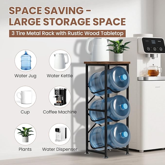 5 Gallon Water Jug Holder, 3-Tier Water Bottle Holder with Wood Top Shelf, Heavy Duty Water Cooler Jug Rack, Water Dispenser Storage Stand for Office and Living Room