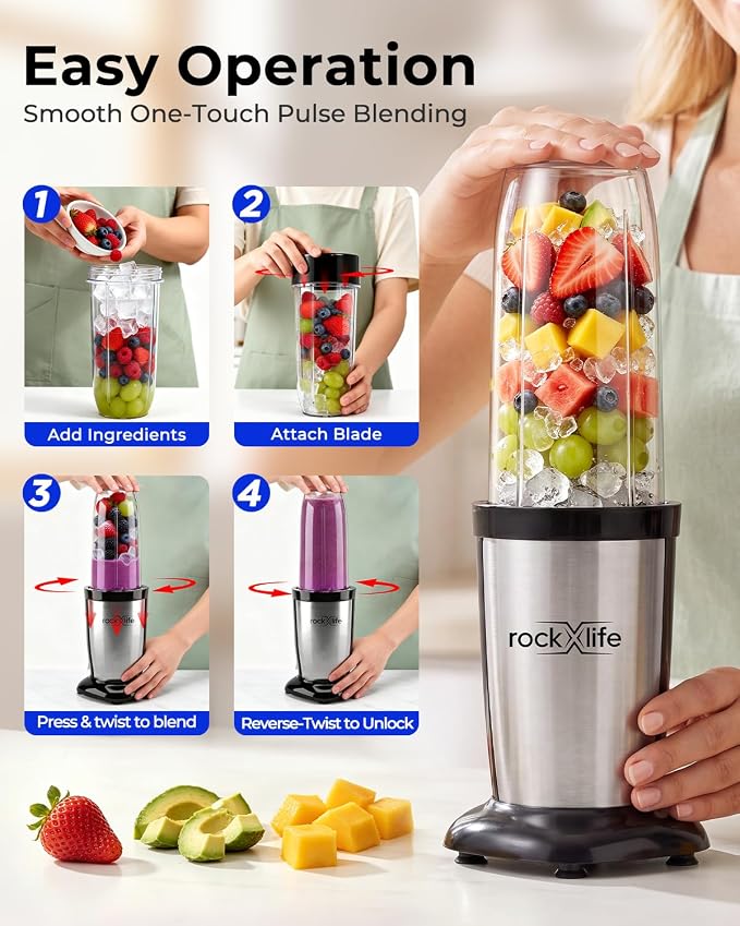 Personal Blender, Silver, 2-in-1 Smoothie Maker & Grinder | for smoothies, protein shakes, ice crushing, coffee beans, spices and nuts; BPA-free dishwasher-safe cups
