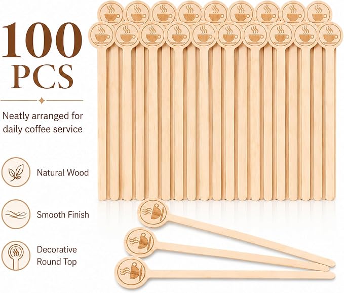 100Pcs Coffee Stirrers-5.9 Inch Natural Wooden Stir Sticks with Round Ends, Disposable Biodegradable Cafe Grade Coffee Stir Sticks Wood Beverage Mixer for Coffee Cocktails Milk Tea | Natural disposable biodegradable cafe grade coffee stir sticks