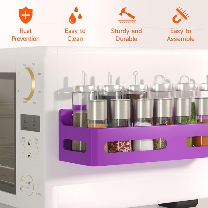 4-Pack Magnetic Spice Rack for Refrigerator with Hooks, Purple | Strong multipurpose magnetic shelf for kitchen & bathroom organization. Includes 4 removable hooks for hanging items.