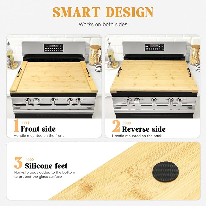 GASHELL Noodle Board Stove Cover with Handles for Electric, Gas Stove Top | 100% Bamboo, Natural, Increases Countertop Space, Multi-purpose, used as Charcuterie Board, Serving Tray, Turkey Board