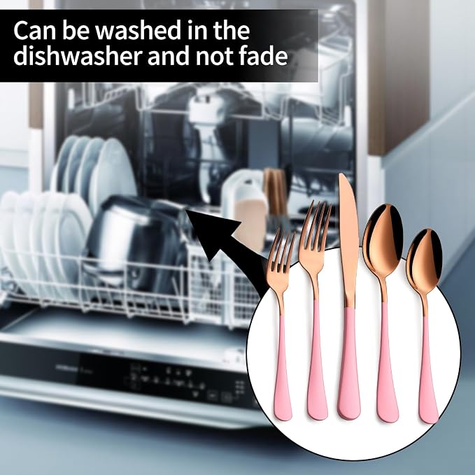 20-Pieces Rose Gold and Pink Silverware Sets for 4,Pink Handle Stainless Steel Cutlery Set, Include Forks Spoons and Knives Set, Dishwasher Safe Utensil Sets for Home Restaurant