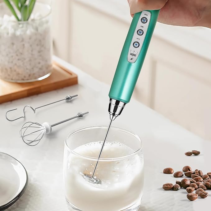 Milk Frother Wand Rechargeable Handheld Electric Whisk 3 Speed Adjustable | Coffee Frother Wand with 3 Stainless Whisks Electric Foam Maker Drink Mixer Blender for Latte Cappuccino Matcha Egg