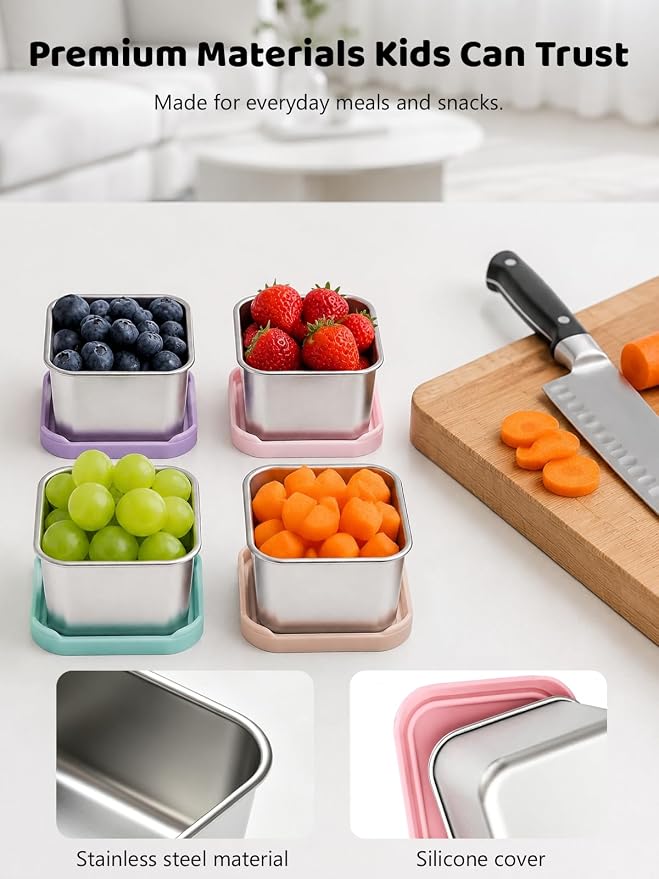 HTEVW 6 Pack Stainless Steel Snack Containers for Kids, 6 oz Food Container | Reusable leak resistant silicone lids food containers . Perfect for school lunch, daycare, travel and portion control.