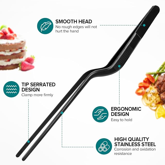 Kitchen Tweezer Tongs Set for Chef Food Plating, 6 Pcs, 8", Black | Stainless Steel, Small Chef Food Culinary Bar Thin Skinny Tweezers Tongs, Cooking Tweezers Set, For Baking Decorating Feeding