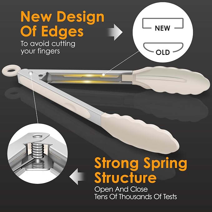 HOTEC Premium Stainless Steel Locking Kitchen Tongs with Silicon Tips, Set of 3-7", 9" and 12" (Khaki)