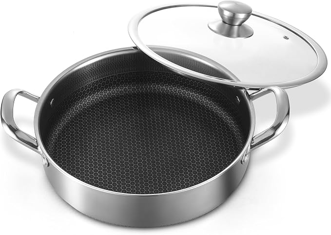 Toutrop 6 QT Hybrid Nonstick Saute Pan with Lid,Tri-Ply Stainless Steel 12.5Inch Frying Pan Cookware,Induction Skillet,Dishwasher & Oven Safe