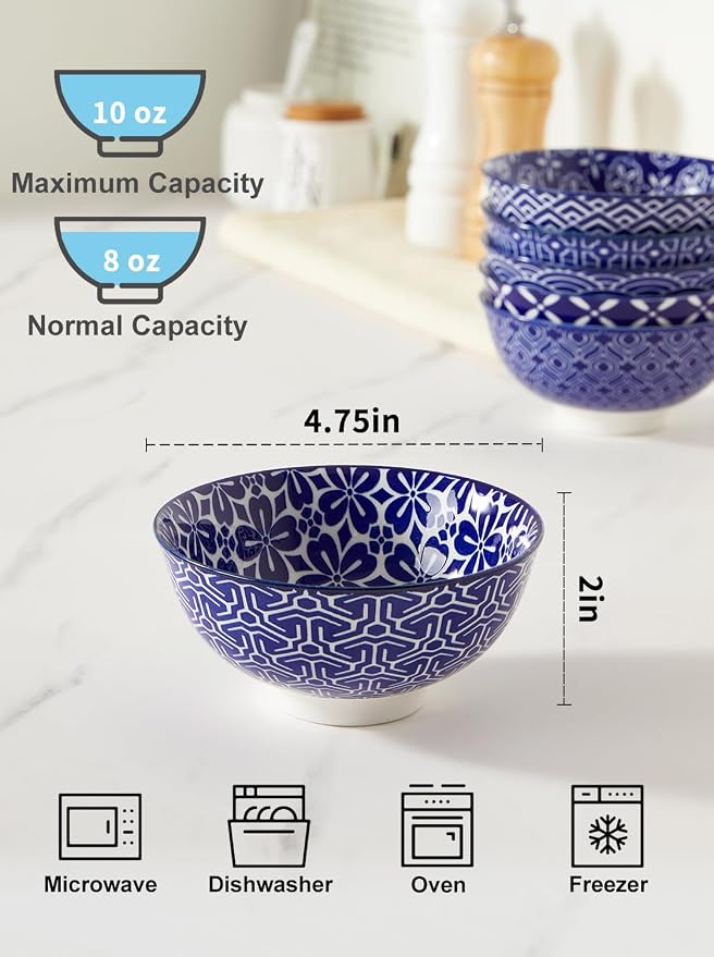 Metahom Small Bowls Set of 6, Ceramic Dessert Bowls, 10 Oz, Blue and White | Porcelain Decorative Bowls for Ice Cream, Snack, Condiments, Side Dishes, Dishwasher & Microwave Safe, Stackable Design