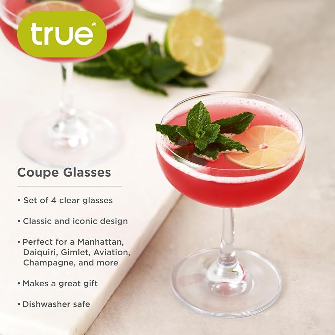 True Coupe Glass, Martini Glasses for Cocktail Party, Perfect for Espresso Martini, Manhattan, Champagne, Elegant 7 oz Glassware for Home Bars, Wedding Gifts, Margarita Glasses Set of 4