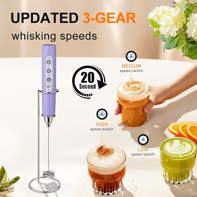 YUSWKO Handheld Milk Frother Wand for Coffee, Rechargeable Electric Whisk with 3 Heads 3 Speeds Drink Mixer Coffee Frother For Latte, Cappuccino, Hot Chocolate, Egg, Light Purple with Holder