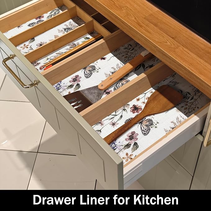 Floral Shelf Liners Non Adhesive Strong Non-Slip 16IN x 20FT | Shelf and Drawer Liners for Kitchen Cabinet Wire Fridge, Waterproof Shelf Drawer Liner,Easy to Clean,Butterfly