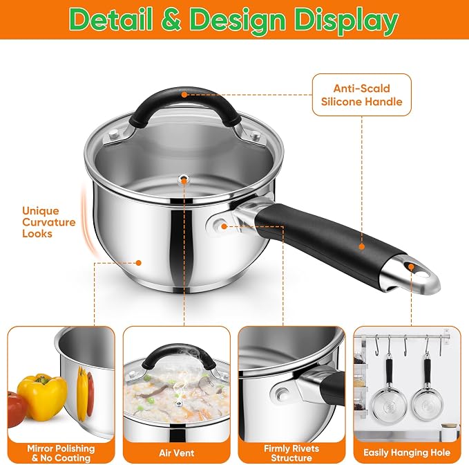 P&P CHEF 1 Quart Stainless Steel Sauce Pan Pot with Lid, Small Saucepan | For Induction Cooking & Multi Stoves, Multipurpose Pot with Visible Glass Lid & Silicone Handle, Rust Free & Dishwasher Use