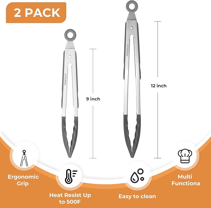 Stainless Steel&Silicone Food Tongs Set of 2 (9+12 Inch)-BPA-Free&Non-Toxic Heat Resistant Non-Scratch BBQ&Cooking Tools,Strong Grip Locking for Grilling,Air Fryer,Salad,Dishwasher Safe