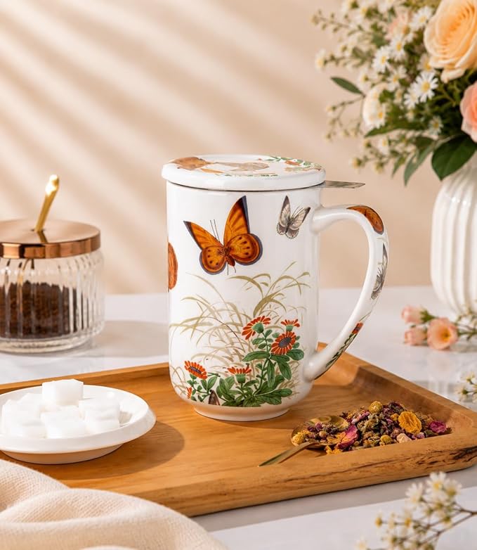 AmorArc Tea Cup With Infuser and Lid, 18oz Loose Leaf Tea Mug With Steeper | Porcelain Tea Mug With Infuser and Lid, Large Strainer Tea Cup with Lid for Tea, Coffee Mug for House-warming Birthday Gift