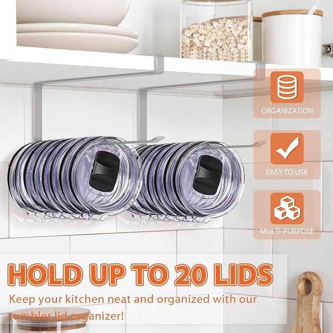 2 Pack Tumbler Lid Organizer, Versatile Tumbler Storage Holds 20 Lids Grey | Space Saving Cup Lid Organizers Inside Cabinet Tumbler Lid Hook for Kitchen Organizer and Storage, Paper Towel Rack Hanger