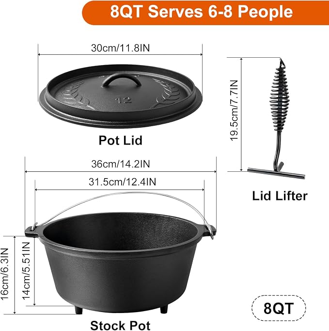 Pre-Seasoned 8QT Large Cast Iron Camping Dutch Oven Pot with Lid | Heavy- Duty Camping Cookware incl. Lid Lifter - Dual Handles - for Outdoor Campfire, Grill, Oven & Stovetop Cooking Black