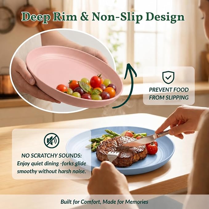 Deep Dinner Plates Set of 8 Unbreakable Wheat Straw Plates Plastic Reusable Plates for Kitchen, Picnic, RV, Dishwasher and Microwave Safe Plates for Salad, Dessert (Fresh Light, 9 inch)