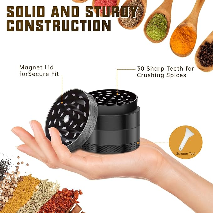 2.5-inch Grinder, Heavy-Duty Aluminum Construction, Smooth Grinding—Kitchen Essential (Black)