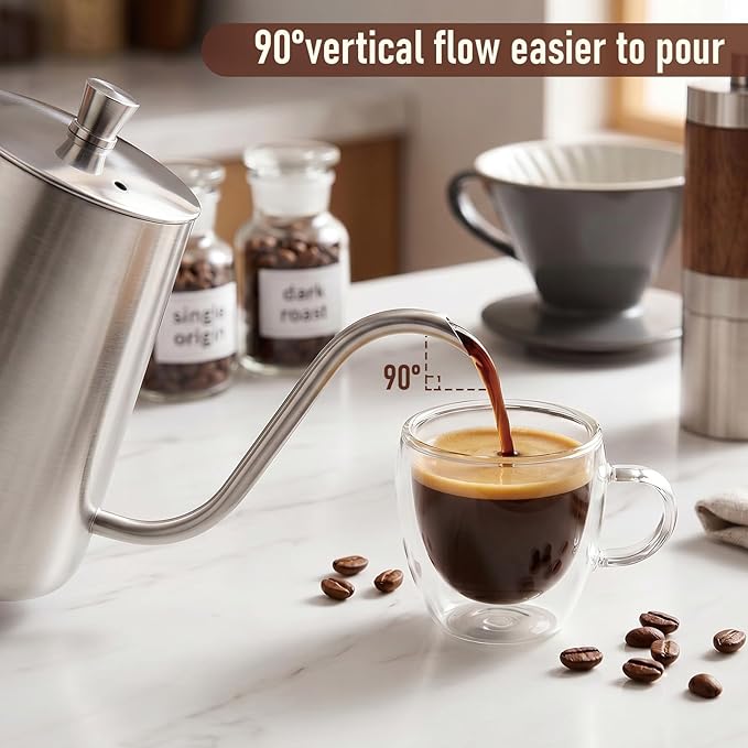 PARACITY Pour Over Kettle, 20 oz Stainless Steel Camping Drip Coffee Pot | Long gooseneck spout controls flow for even brewing; the hanging-ear handle and lid suit coffee or tea at home or outdoors