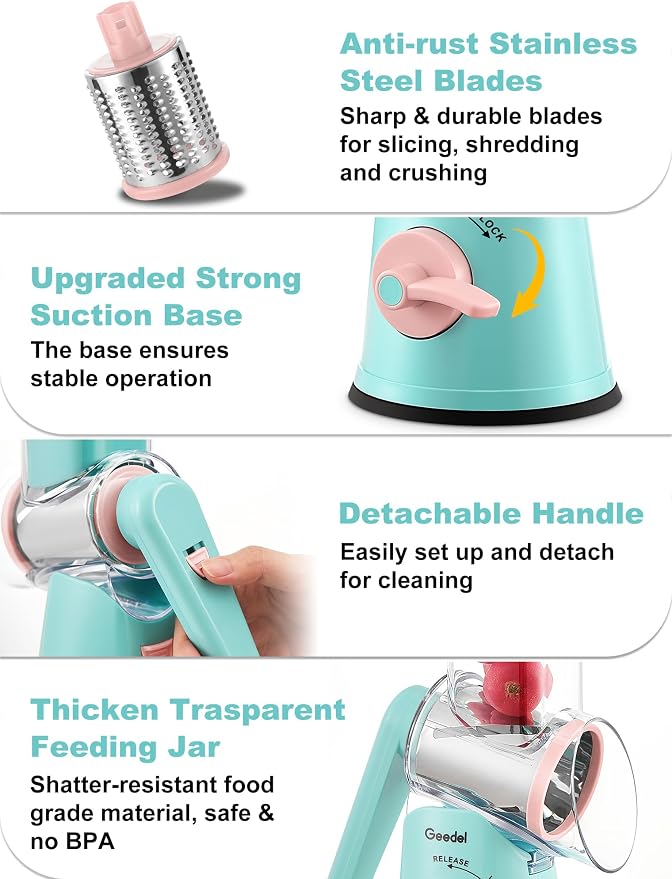 Geedel Rotary Cheese Grater Hand Crank, Cheese Shredder Vegetable Slicer | 5 Blades, 430 Stainless Steel, 12x Fast Cutting, Strong Suction Base, No BPA, Dishwasher Safe, for Cheese, Veggie, Nut