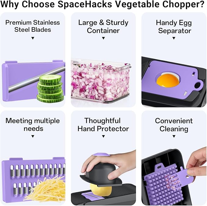 12-in-1 Vegetable Chopper with 7 Blades, Food Veggie Cutter, Purple | Includes Egg Separator, Food Container and Finger Guard, Non-slip Base, for Chopping, Slicing, Shredding, and Mincing